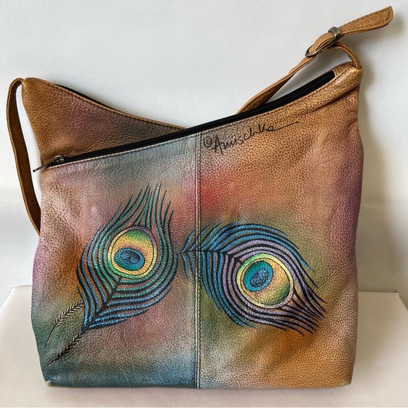 Anuschka V Top Hand Painted Peacock Leather Hobo Shoulder Bag - Picture 2 of 16